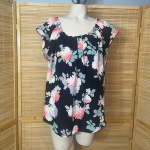 LC Lauren Conrad Blouse Black Floral Flutter Sleeve Blouse Top Romantic large